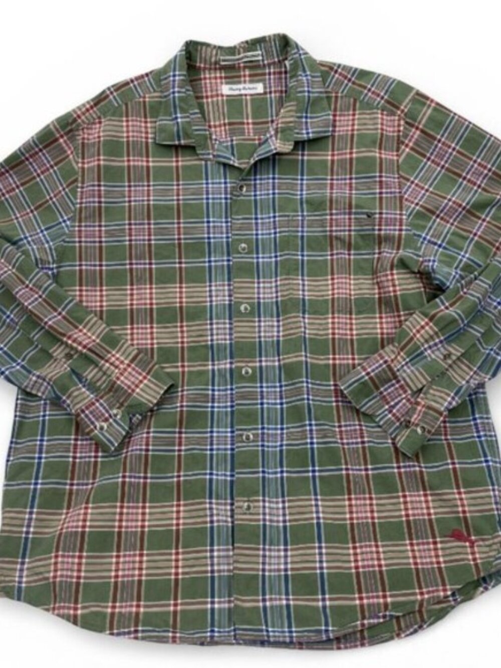 Tommy Bahama Green Plaid Button Down Dress Casual Marlin Logo Shirt Men's XL